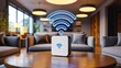 © Raza - Modern wireless router on table with wifi signal in cozy living room interior