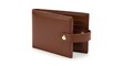 © Tenga - Brown leather wallet with a strap and snap closure, shown from an angle, personal accessory, cash holder, white background, money storage, financial