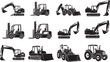 © prof.design - Collection of heavy construction machinery black vector silhouettes, including excavators, forklifts, tractors, and bulldozers, isolated on white background flat illustration.