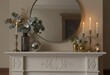 © Sanddogfx - A white fireplace mantel adorned with decorative items, including candles, vases with eucalyptus leaves, olive branches, and a large round mirror on the wall behind it.