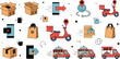 © Rubya - Delivery service and online shopping logistics set with courier scooter packages tracking and shipping process vector illustration collection