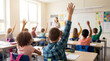© Billing  - Bright classroom with students raising hands and teacher engaging young learners in school lesson