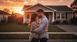 © TransPicHub - A couple embraces lovingly in front of their suburban home during a warm sunset, sharing an intimate moment.