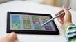 © thanarak - assistive technology tablet showing simple communication icons close up modern AAC device clean white background