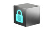 © Sky - A futuristic cube with a glowing blue lock on the side represents secure technology in a sleek environment.
