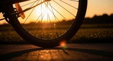Bicycle wheel spokes catching golden sunset sunlight on a path, evoking warmth and journey.