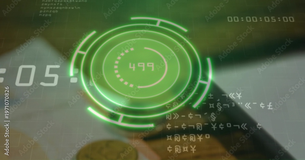 Projecting green holographic HUD showing 499 on wooden desk, with coins ...