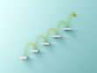 © masterzphotofo - Abstract stairs or 5 steps the business concepts or the progress jumping up steps with yellow curve arrow isolated on light green blue pastel color wall background 3D rendering