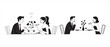 © NadimStoker - Contrasting Dinner Dates. Monochromatic illustration of couples' interaction, from lively chat to quiet dining.