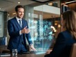 © VISUAL BACKGROUND - Business Partners Discussing Project with Blue Holographic Data Sphere