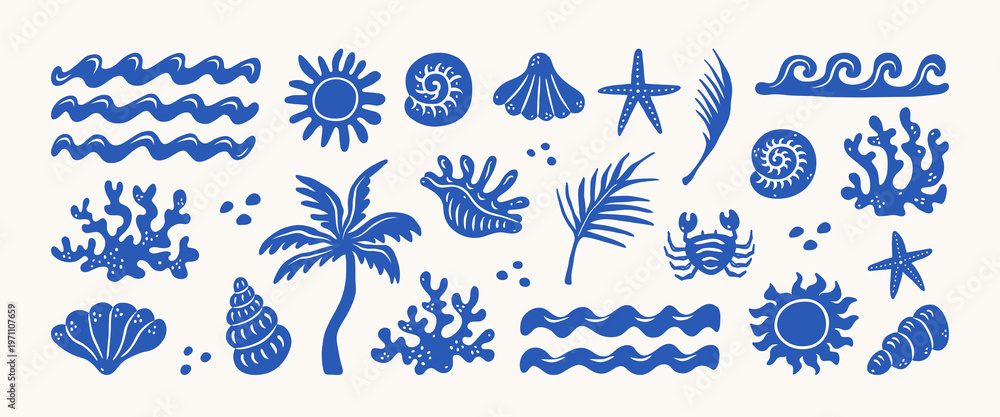 Summer coastal icon set in blue colors. Hand drawn palm tree, sun and ...