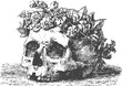 © Purple_Lamp - Human skull adorned with blooming flowers and leaves, vintage botanical illustration