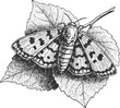 © Purple_Lamp - Black and white illustration of a moth resting on detailed leaves with patterned wings and body texture