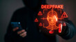 © Moeen - Dark hooded figure interacts with glowing red deepfake interface showing a wireframe human head and warning signs representing artificial intelligence manipulation and digital identity security threat