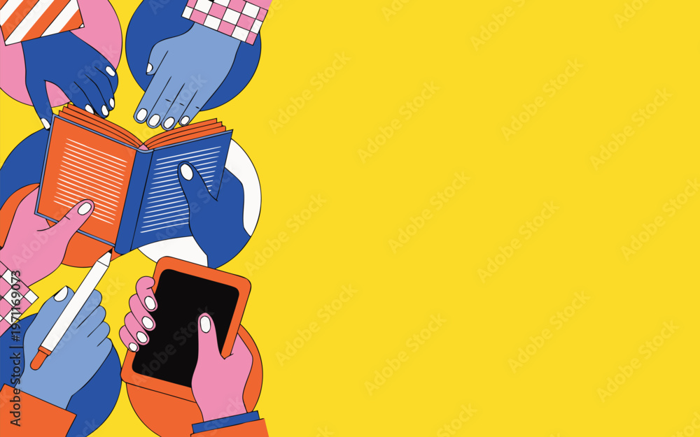 Creative education banner with abstract hands holding books and digital ...