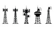 © muhammad - Silhouette collection of diverse telecommunication towers with antennas and dishes against a white background, representing global connectivity and broadcasting infrastructure