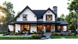 © kertas - A modern two-story residence with a white exterior, black trim, and a stone chimney stands amidst landscaping