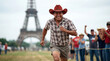 © Jian - Paris Marathon Texas runner cowboy hat western style Eiffel Tower celebrating for sports magazine cover poster travel fitness banner content
