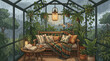 © Karina - A cozy illustration of a sunroom filled with plants on a rainy day. A warm blanket, book, and tea create a peaceful hygge mood. Perfect for relaxation or comfort concepts.