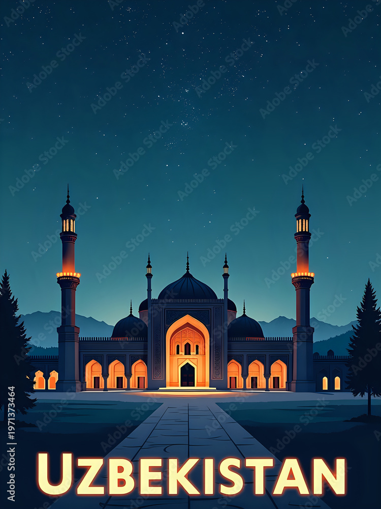 A mosque in Uzbekistan is illuminated at night. The structure stands tall with its domes and minarets. Surrounding trees and mountains create a backdrop under the starry sky.