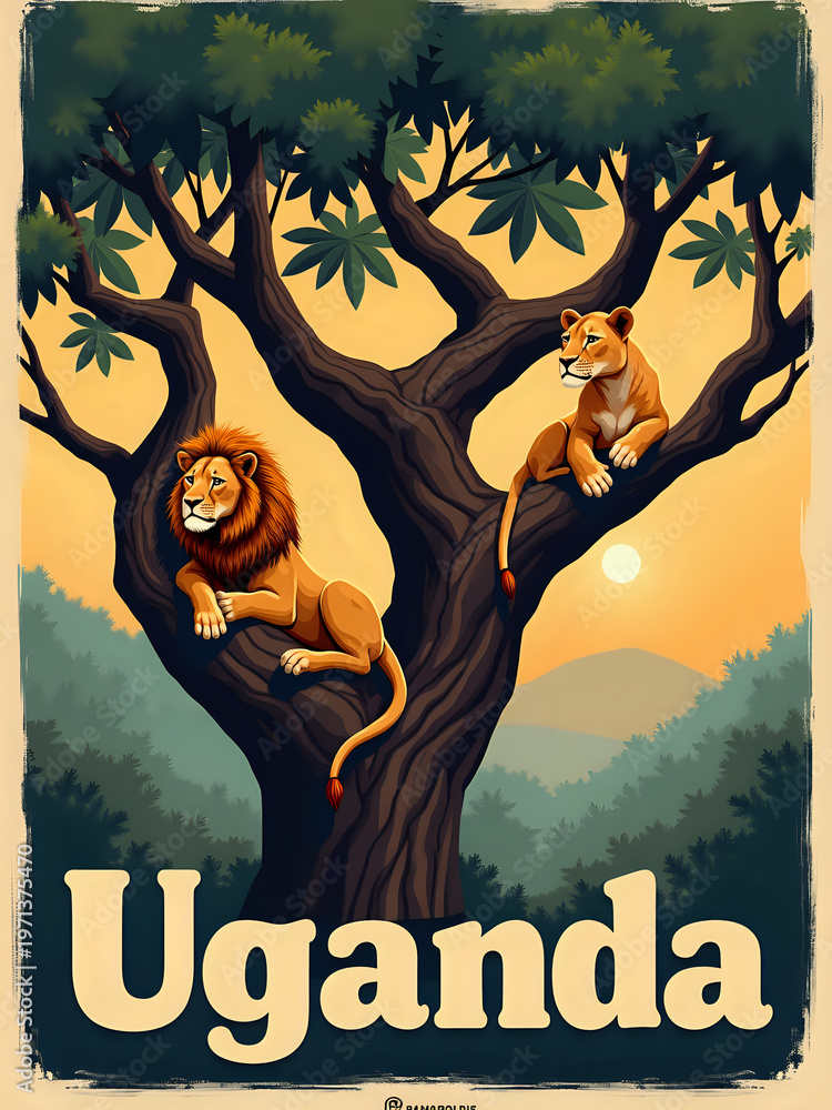 Two lions sit on a large tree branch in Uganda during sunset. The sun sets behind mountains, creating a warm glow. Green leaves surround the lions and the scene fills with natural beauty.