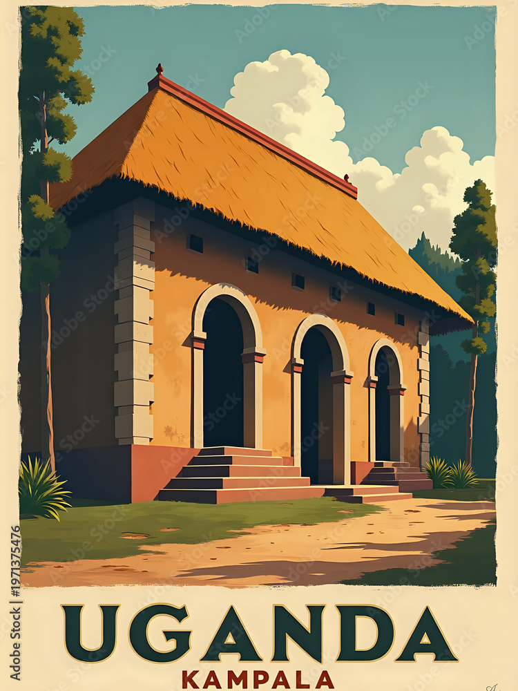 The scene shows a historic structure in Kampala, Uganda. The building has a thatched roof and stone walls. Surrounding it are trees and greenery, creating a calm setting.