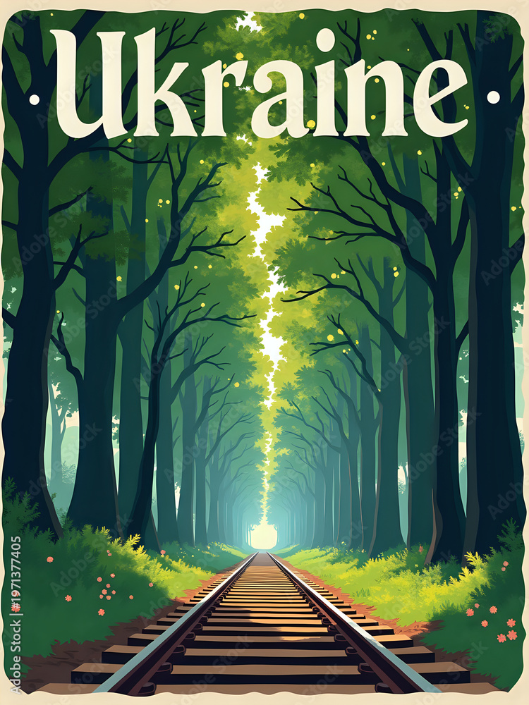 The view shows a railway track running through a green forest in Ukraine. Tall trees line the sides, leading toward bright light in the distance. The setting is during the day with clear visibility.