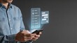 © Yi - Man holding smartphone with holographic interface showing app menu icons including home profile contact email phone chatbot settings and message bubbles for digital communication