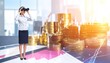 © Athok25 - Businesswoman with binoculars looking at stacks of coins symbolizing financial growth and investment opportunities.