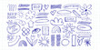 © LanaSham - Big isolated blue pen scribbles set. Hand drawn school doodles, eye, rainbow, pencil and abstract shapes on grid. Vector rough chaotic sketch elements collection for modern pop art collage design.