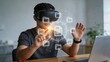 © Chloe - Young man wearing VR headset interacting with holographic file icons digital document management futuristic technology concept virtual reality interface modern office workspace