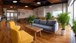 © Bussakon - Modern coworking space lounge with lush plants and comfortable seating
