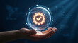 © Rohan Katwe - hand holding glowing digital sphere with gear and checkmark symbolizing automation quality assurance secure systems ai technology network connectivity and modern business process optimization