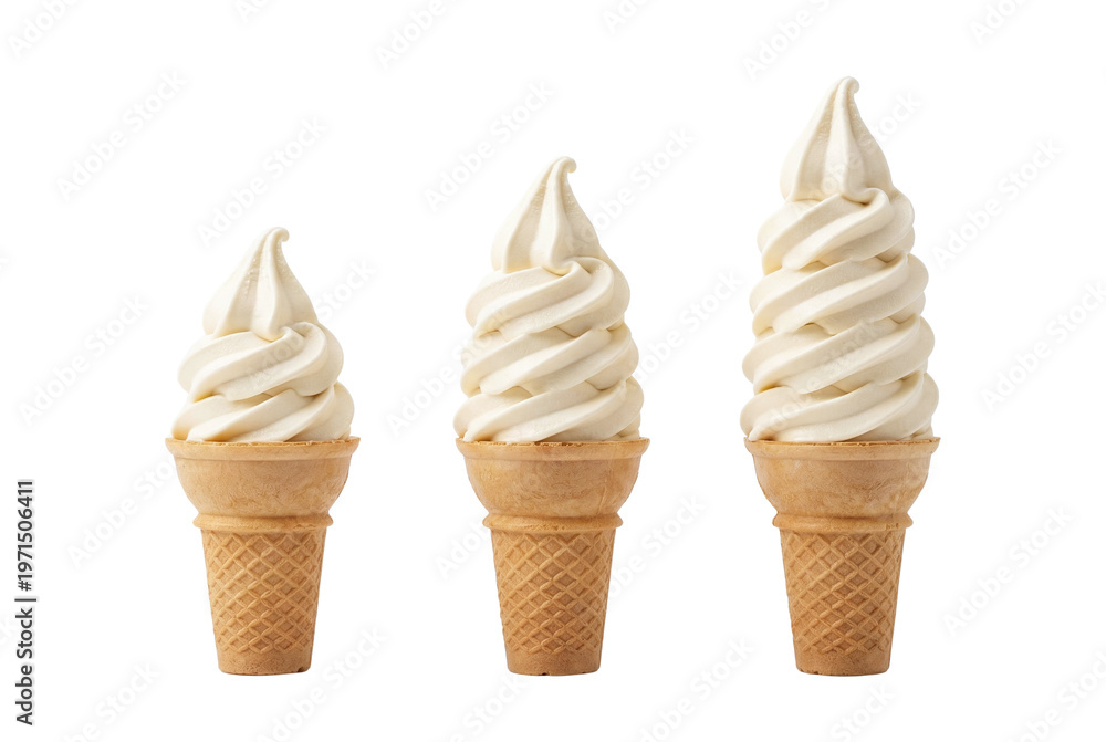 Three soft serve vanilla ice cream cones in sizes Stock Photo | Adobe Stock
