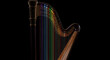 © Dasitha - Close up of a colorful harp with rainbow strings on black background