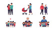 © Rabbi - Set of diverse family groups including young parents with infants and grandparents with children shown in various loving and active poses.