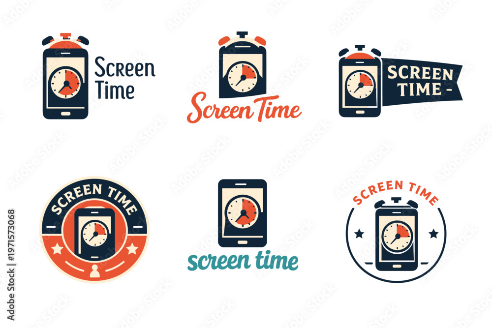 Screen Tim Icon Screen time logos with clock and smartphone designs in various styles ...