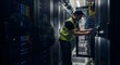 © designhunt - IT professional working in a dark data center room. Network maintenance and hardware installation. Male technician in a safety vest connecting cables to a large server rack system