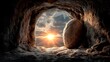 © Angga - Empty tomb with stone rolled away and bright sunrise light symbolizing the resurrection of jesus christ easter faith background for christian holy week content