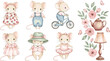 © Nayem - Set of Cute Mouse Illustrations with Floral Dresses, Accessories, and Vintage Items, Including a Bicycle, Teapot, and Lamp'