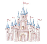Watercolor fairytale princess castle with pink walls, blue towers, and flags. Magical hand-drawn royal fortress illustration isolated on white for nursery decor, invitations, and kids design