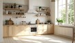 © Eata - Bright and airy kitchen with wooden cabinets and shelves.