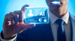 © Yamin - Businessman holding AI identification card isolated on transparent background with futuristic interface