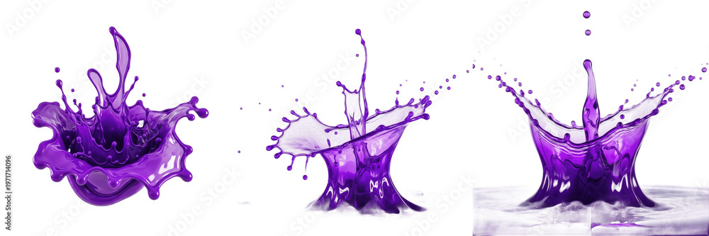 Violet Syrup Graphics Set of Three Dynamic Purple Liquid Splashes and Droplets, Realistic ...