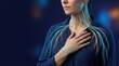 © Giggles - Woman touching chest with glowing nervous system pathways across neck and shoulders for stress response regulation mind body connection and somatic wellness header