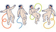 © John - Four cartoon astronauts in white suits float in space connected by colorful umbilical cords with joyful expressions and outstretched arms 170 characters floating zero gravity