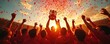 © miss irine - Winning soccer team celebrates victory lifting trophy with red confetti falling. Fans cheer under stadium lights at sunset. Pure joy and triumph after football game.