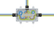 © Rosita - Electrical Junction Box Illustration with Terminal Block, Colored Wires, and Cable Glands. Flat Vector for Electrical Engineering and Home Wiring Maintenance.