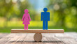 © anandart - Pink and blue figurines on wooden seesaw symbolizing gender equality and balance.