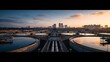 © improvee design - Aerial view of a large wastewater treatment facility with circular tanks, set against a city skyline during a vibrant sunset.
